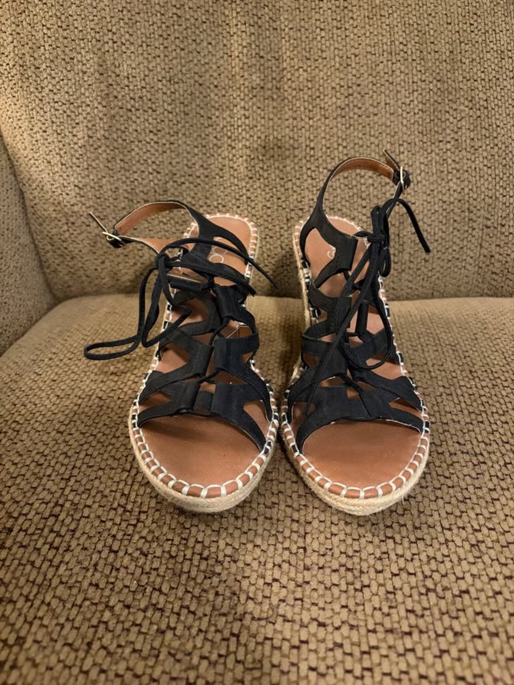 Time and Tru Black Lace-Up Espadrille Wedge Sandals